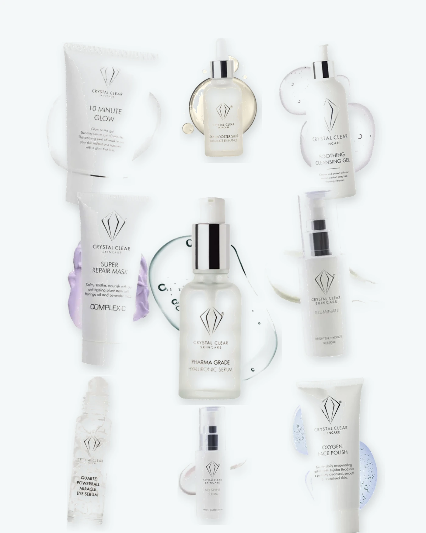Selectie Crystal Clear producten: serums, maskers en boosters